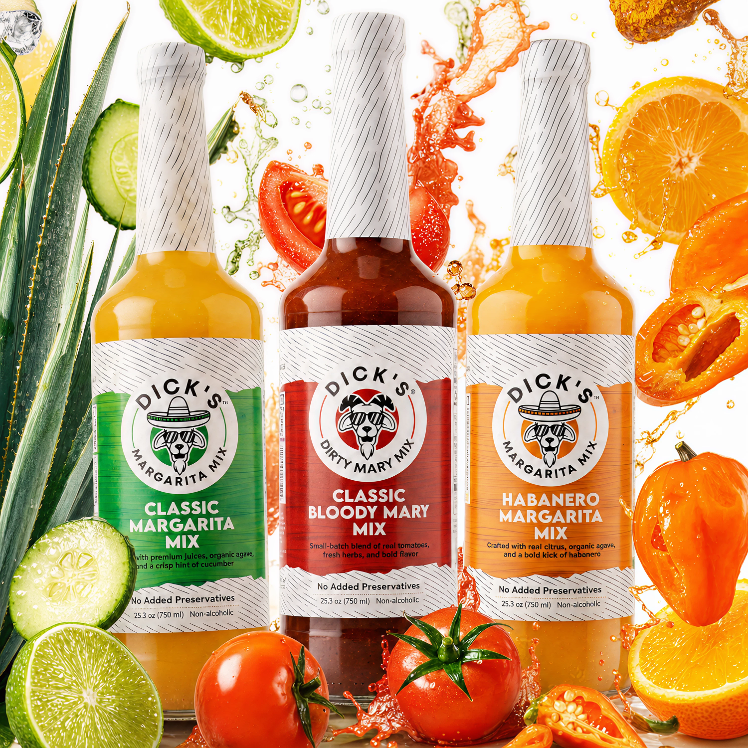 Dick’s Mixes Classic Margarita, Habanero Margarita, and Bloody Mary bottles